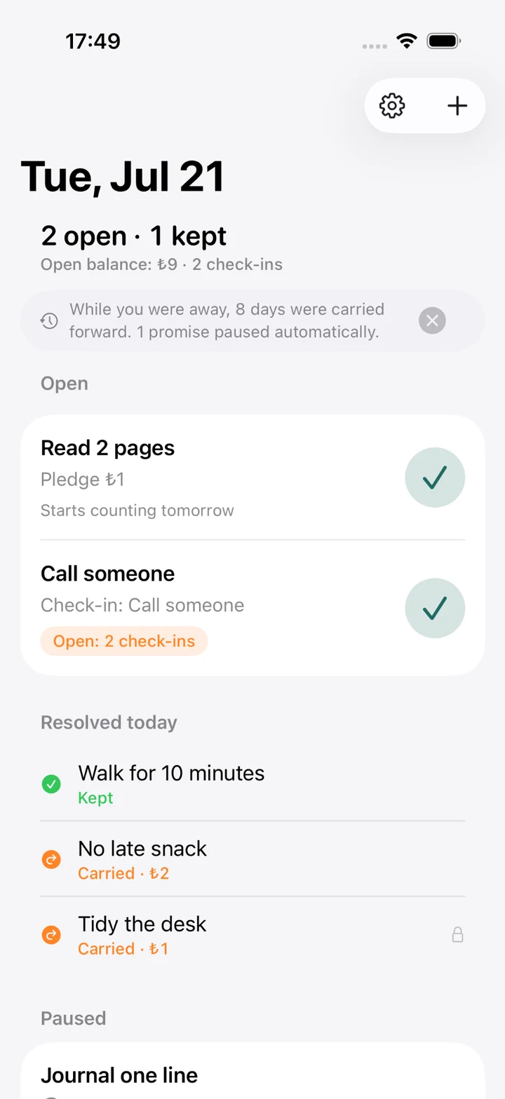 Ownword home screen with open and resolved promises